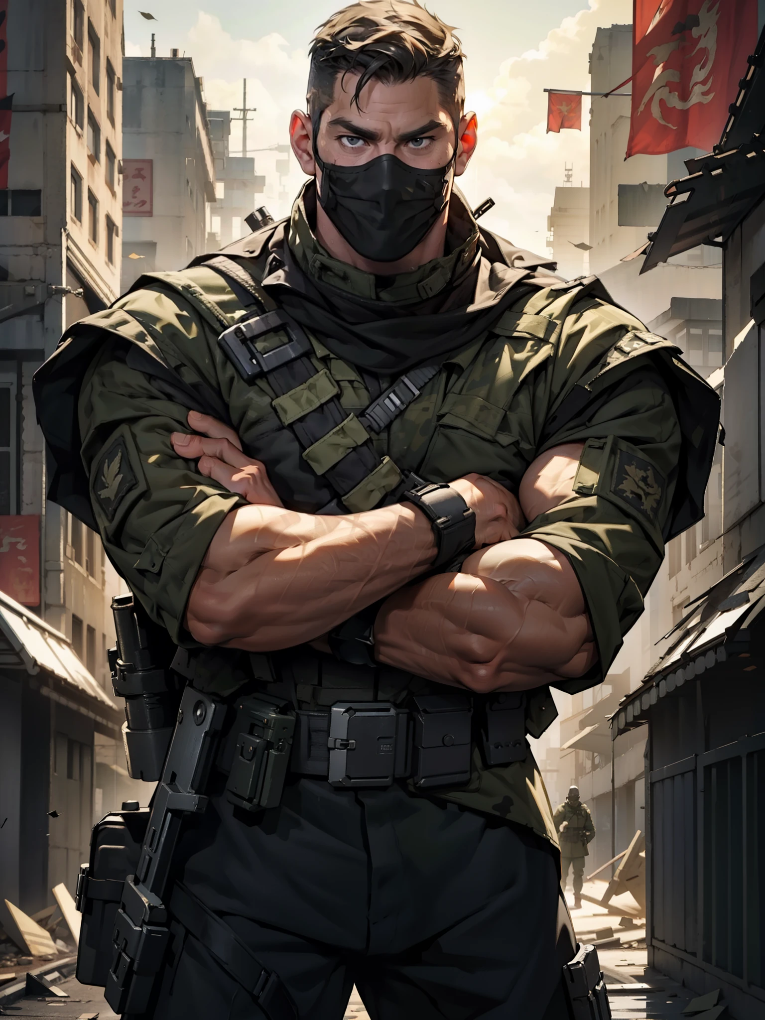 Close up, there's a man in combat outfit standing, military uniform, ghost masks, mature, Sexybody, Muscular, veins, anthropomorphic, extra detailed body, detailed body, Best quality, masterpiece, ultra high res,detailed background,realistic, nature light, depth of field, (looking at viewer), (crossed arms), military, combat boots, armed, destroyed building.