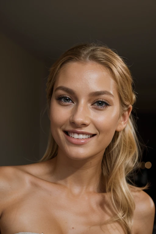 woman 27 years old, blonde hair, perfect face, Meisterwerk, realistisches Aussehen, sportliche figur, 175cm tall, light tanned skin, realistische haut, charming smile, braune haare, nordic, evening, sommer, 105mm focus length, blue eyes, big eyes, Beautiful eyelashes, natural makeup, very happy, laughing, oral invitation, happy, hair one side up, happy, hair pulled back, hair one side up, cinematic lighting, depth of field, atmospheric perspective, anatomically correct, super detail, high details, high quality, award winning, highres, accurate, retina