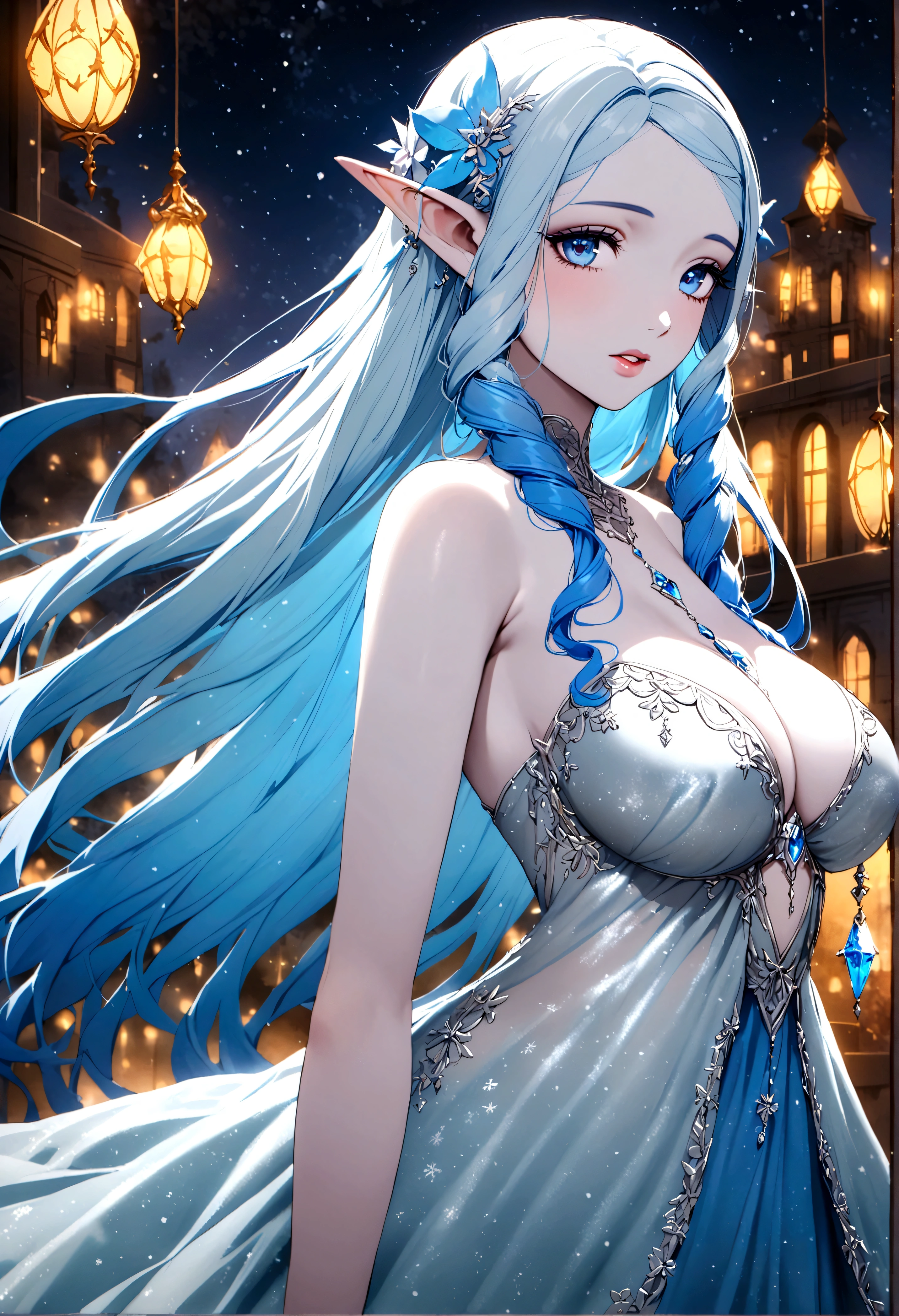 A ice elf (lovely woman, pale blue skin, deep blue hair and eyes, sheer reflective evening dress) acting alluring in a winter wonder land