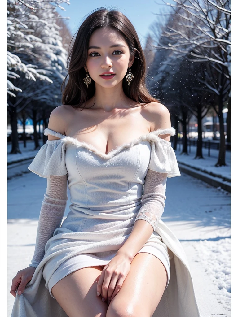 masterpiece、quality、Super detailed、Marilyn Tagg ，mirth，Look at the audience， Focus on the thighs and above，clear face，（Best quality at best）， beautiful girl：1.5、(Red fluffy off-shoulder dress style)，long hair fluttering，Snowflake earrings、snowflakes falling、Vague、snow world