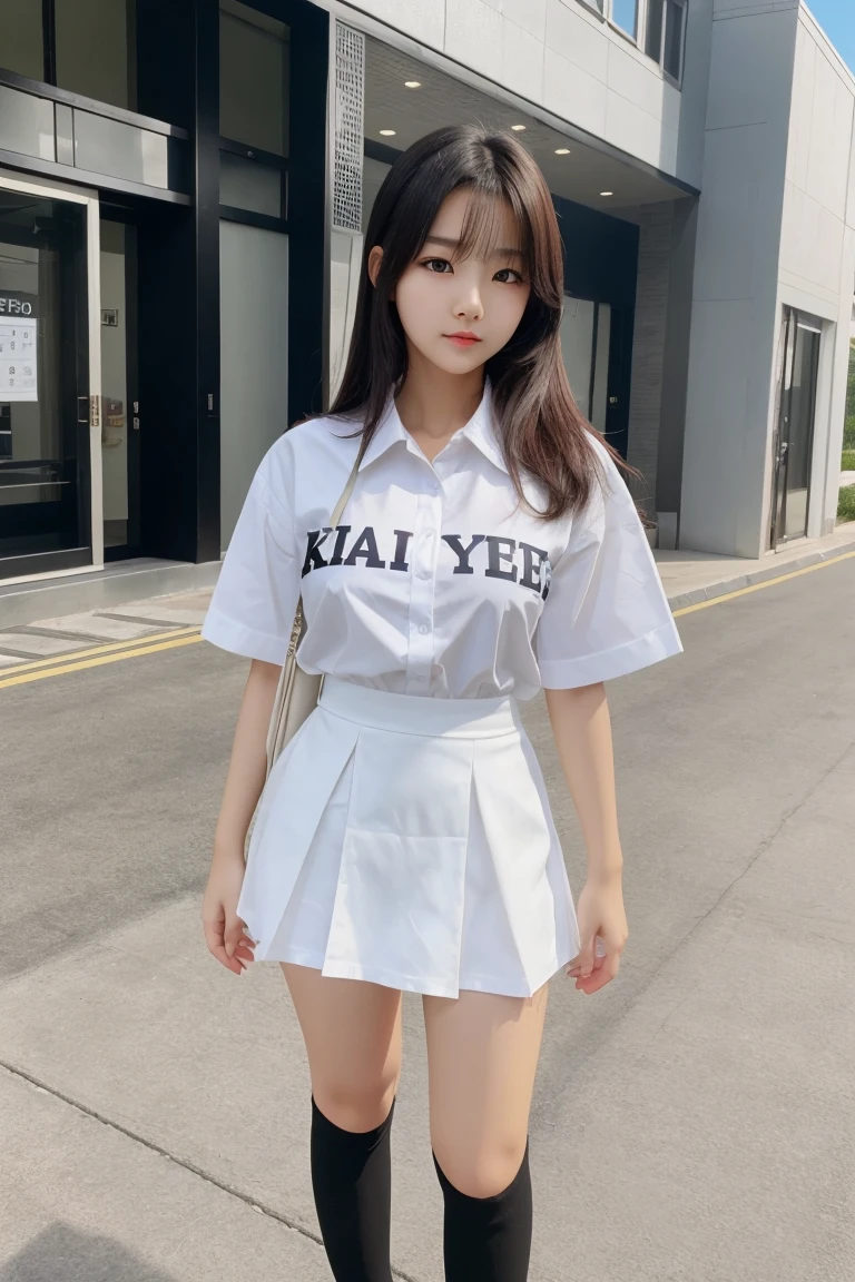 A prefect girl boby age yes cute face with white shirt black medium here full body black eyes are Korean girl cute face with big here for flying here full body best quality 