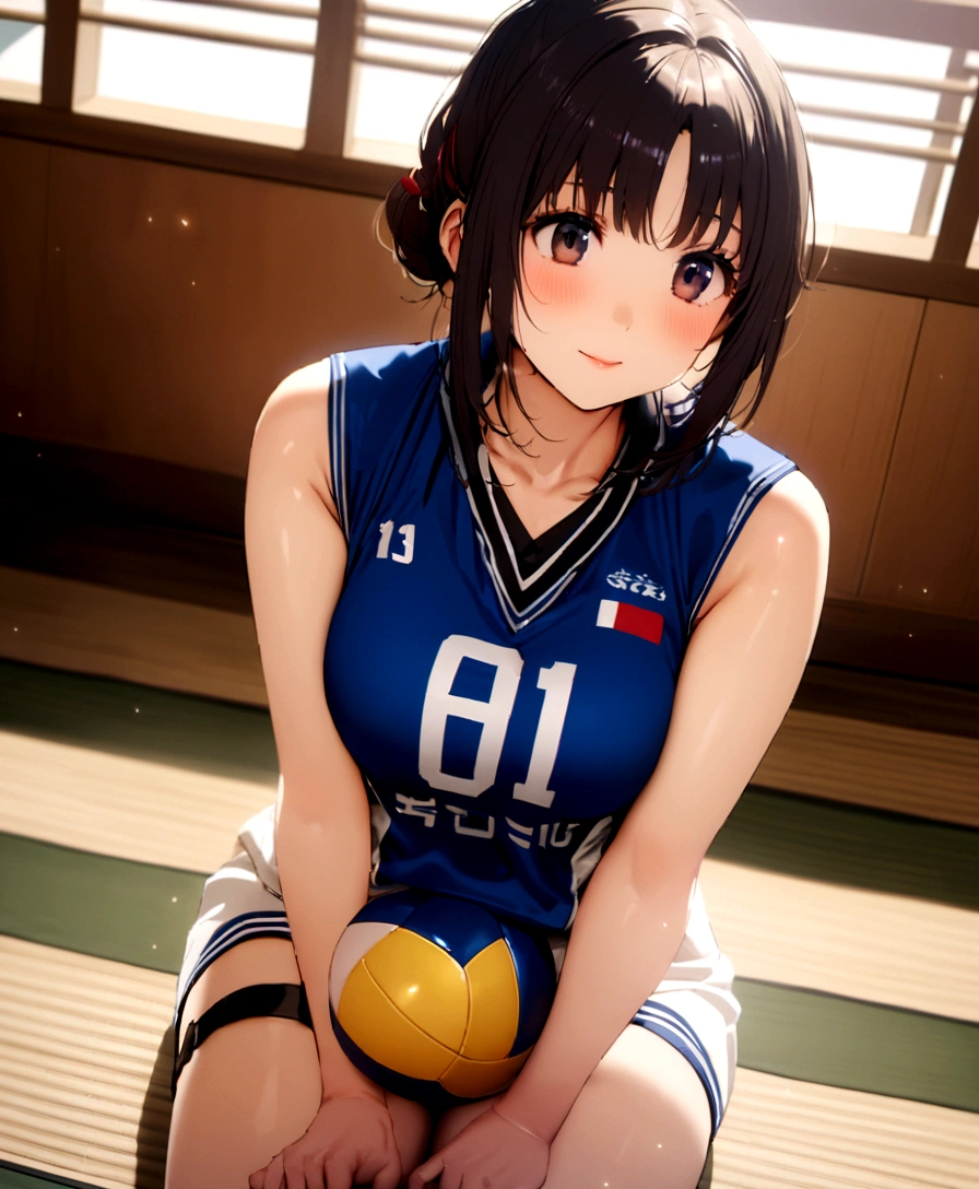 Arabian Asian woman in blue uniform sitting on the floor, Wearing a volleyball jersey, mayuri shiina, Nishimiya Shoko, Kotegawa Yui, fubuki, Chiho, Chiho ashima, Japanese Model, cute