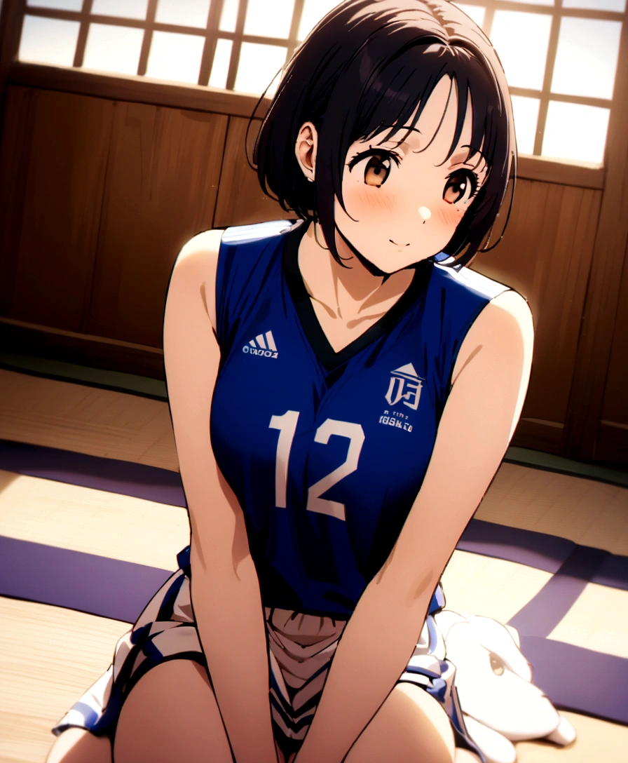 Arabian Asian woman in blue uniform sitting on the floor, Wearing a volleyball jersey, mayuri shiina, Nishimiya Shoko, Kotegawa Yui, fubuki, Chiho, Chiho ashima, Japanese Model, cute