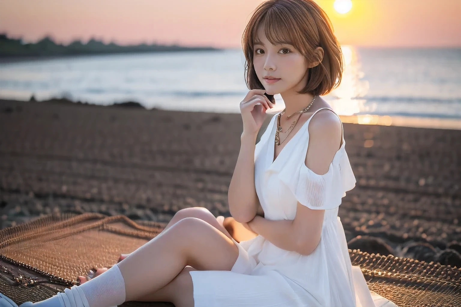 (Sitting on the beach hugging her knees:1.5)、(Not looking at the camera、Beautiful profile looking into the distance:1.5)、(Profile of a woman looking at the beautiful sunset over the sea、18-year-old female:1.5)、(The best quality at its best:1.4), (Super detailed), (Very detailed CG unified 16k), Beautiful woman with perfect figure: 1.4, Sharp focus: 1.2, Very detailed, High-quality RAW color photos, Professional photography, Great face and eyes, cosmetics, (Amazingly beautiful girl), ((Summer white dress:1.5)), Realistic movie faces, Full body long view from head to toe, Realistic, ((Realistic natural orange red hairstyle)), ( Short Bob Hair:1.5), (necklace:1.5)、, Very beautiful face, Perfect model beauty, Mouth swelling, Highly detailed face and skin texture, Fine grain, double eyelid, Medium chest, (masterpiece), Highest quality, High resolution, Very detailed, Blurred Background, Depth of written boundary, Cinema Lighting, Great legs, , Clear, well-maintained skin,((Full body shot from head to toe:1.5))