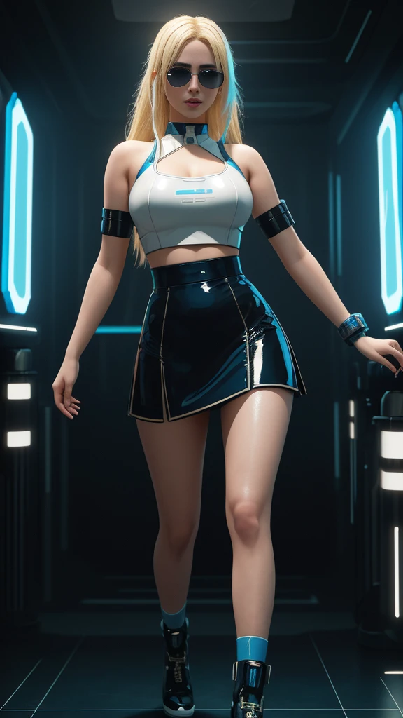 Teen girl, blonde hair, futuristic blue sunglasses, white latex top, blue skirt, dancing in a nightclub, cyberpunk 2077, Blade Runner, full body,perfect lighting. Perfect composition Beauty Award winning masterpiece Artstation 8 k Artgerm Mucha Dim Volumetric lighting Octane 18 k Beautiful detail rendering. post processing, portrait, exaggerated detail, complex, grand composition, cinematic lighting, masterpiece, trending art station, high detail, masterpiece, beautiful, 18k, HDR, smooth, sharp focus, high resolution.