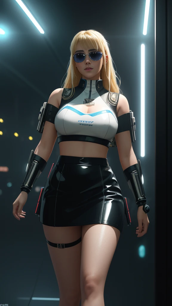 Teen girl, blonde hair, futuristic blue sunglasses, white latex top, blue skirt, dancing in a nightclub, cyberpunk 2077, Blade Runner, full body,perfect lighting. Perfect composition Beauty Award winning masterpiece Artstation 8 k Artgerm Mucha Dim Volumetric lighting Octane 18 k Beautiful detail rendering. post processing, portrait, exaggerated detail, complex, grand composition, cinematic lighting, masterpiece, trending art station, high detail, masterpiece, beautiful, 18k, HDR, smooth, sharp focus, high resolution.