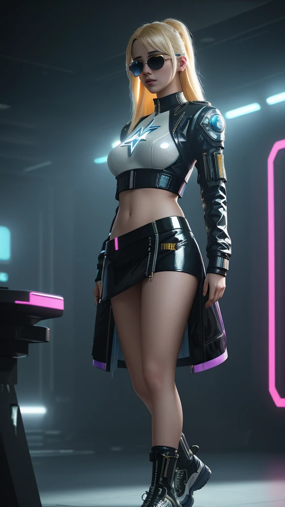 Teen girl, blonde hair, futuristic blue sunglasses, white latex top, blue skirt, dancing in a nightclub, cyberpunk 2077, Blade Runner, full body,perfect lighting. Perfect composition Beauty Award winning masterpiece Artstation 8 k Artgerm Mucha Dim Volumetric lighting Octane 18 k Beautiful detail rendering. post processing, portrait, exaggerated detail, complex, grand composition, cinematic lighting, masterpiece, trending art station, high detail, masterpiece, beautiful, 18k, HDR, smooth, sharp focus, high resolution.