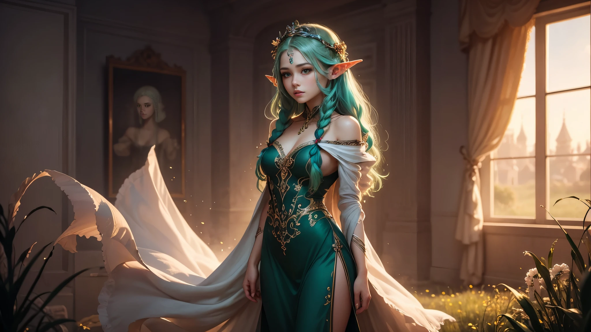 Graceful elven girl, standing in a meadow, gentle face, illuminated by the soft light of the setting sun. Its long, Loose hair flows down the back, Decorated with intricate braids.、Decorated with sparkling gems. This is a great photo、、、It conveys the unearthly beauty of the elves.. Slender figure in a silk dress.、Swaying in the soft steppe breeze. Attention to detail、The face that is、The face that is、The face that is、The face that is、This can be seen in the intricate patterns of the dress and subtle highlights of the glow... skin. A breathtaking image of an elven girl.、、、、、Create an enchanting atmosphere、It invites the viewer into a magical world.. emerald green hair and eye color,