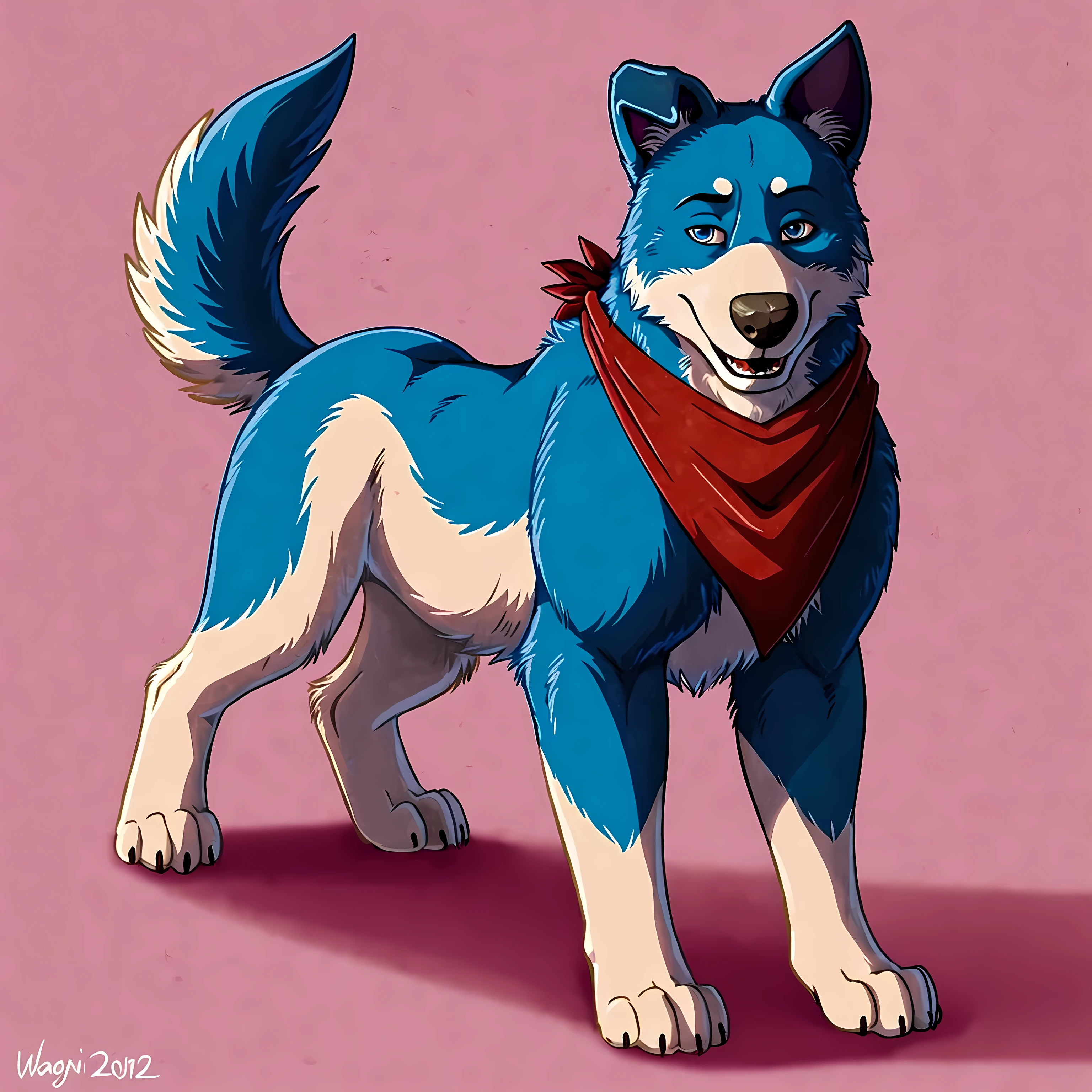 roger (pets united), dog, feral, male, blue fur, white fur, folded ear:1.1, black around eye:1.1, high quality, best resolution, blue fur, detailed fur, bandana, blue eyes, detailed eyes, glinting eyes, simple background, by wfa, by marjani, by negger, cel shaded, round eyes, open mouth