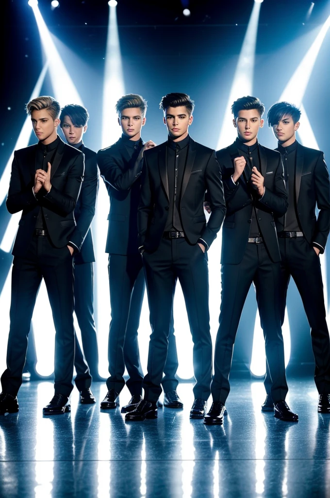 "Create an image of an 8-member boy band called 'Octave Harmony.' They are a modern pop group with a sleek, stylish, and slightly futuristic aesthetic. Each member has a distinct personality and style, but together they exude a cohesive, powerful presence. The backdrop is a stage with vibrant lights and dynamic visual effects, showcasing their energetic performance."