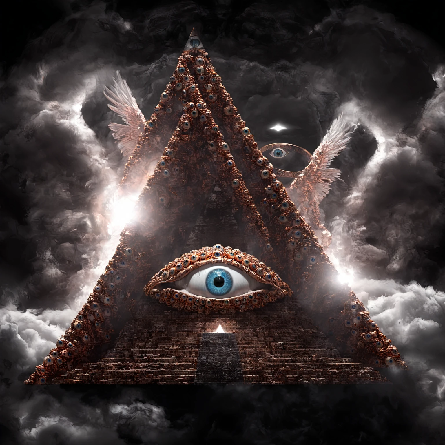 seraphins, a mystical creature with hundreds of eyes and wings with the shape of a pyramid, surrounded by 2 layers of rings full of eyes, eerie, horror, background angelic clouds, sunlight 