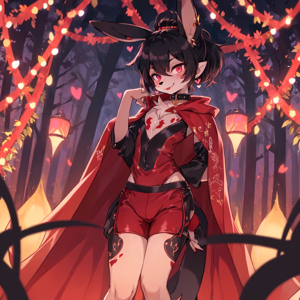 (furry:1.2), rabbit lip male, pink eyes, red skin, black hair, bunny nose, cute, ultra cute face, black hair, short hair ponytail, ears covered by hair black hand, bunny feet, black feet, bare feet, Heart-shaped mark on chest, (ultra detailed), shy, soft, (detailed fur:1.2), beautiful lights and shadows, sharp focus, looking at viewer, (body fur:1.2), (masterpiece), devil elements on body, (Depth of Field), (detail), red hairpin, earrings, rubber collar, dolphin shorts, bulge, cloak, nude, with rich contrasting tones of black and red, handsome, normal body type, Acting cute, standing in the night forest, light magic, girly act, ((solo, The only person)), full body