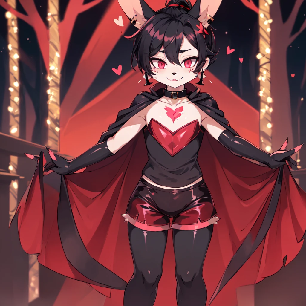 (furry:1.2), rabbit lip male, pink eyes, red skin, black hair, bunny nose, cute, ultra cute face, black hair, short hair ponytail, ears covered by hair black hand, bunny feet, black feet, bare feet, Heart-shaped mark on chest, (ultra detailed), shy, soft, (detailed fur:1.2), beautiful lights and shadows, sharp focus, looking at viewer, (body fur:1.2), (masterpiece), devil elements on body, (Depth of Field), (detail), red hairpin, earrings, rubber collar, dolphin shorts, bulge, cloak, nude, with rich contrasting tones of black and red, handsome, normal body type, Acting cute, standing in the night forest, light magic, girly act, ((solo, The only person)), full body