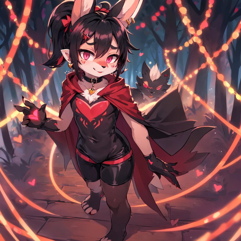 (furry:1.2), rabbit lip male, pink eyes, red skin, black hair, bunny nose, cute, ultra cute face, black hair, short hair ponytail, ears covered by hair black hand, bunny feet, black feet, bare feet, Heart-shaped mark on chest, (ultra detailed), shy, soft, (detailed fur:1.2), beautiful lights and shadows, sharp focus, looking at viewer, (body fur:1.2), (masterpiece), devil elements on body, (Depth of Field), (detail), red hairpin, earrings, rubber collar, dolphin shorts, bulge, cloak, nude, with rich contrasting tones of black and red, handsome, normal body type, Acting cute, standing in the night forest, light magic, girly act, ((solo, The only person)), full body