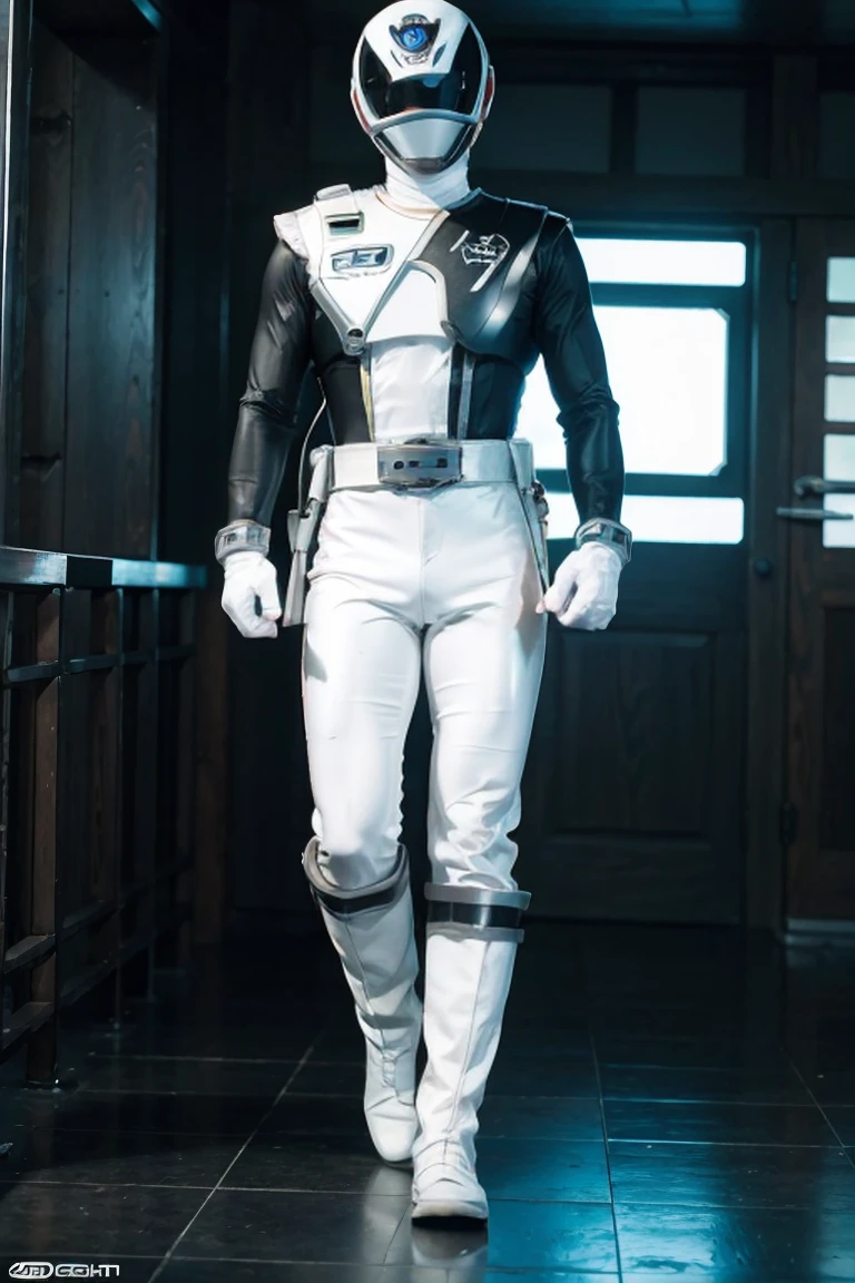 1boy, white, full body, Illustration, cinematic light, high resolution, best quality, ultra detailed, masterpiece, power suit, powerranger, suit, spd, (white ranger suit))