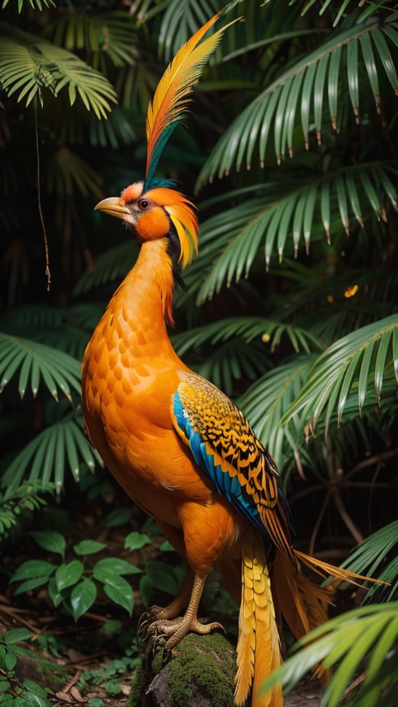 A majestic Golden Pheasant, adorned in vibrant plumage of orange, teal, and gold, poses regally against a backdrop of blurred foliage and a cascading waterfall. Its elaborate crest crowns its head, adding to the bird's air of exotic beauty and grace. 