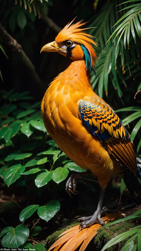 A majestic Golden Pheasant, adorned in vibrant plumage of orange, teal, and gold, poses regally against a backdrop of blurred foliage and a cascading waterfall. Its elaborate crest crowns its head, adding to the bird's air of exotic beauty and grace. 