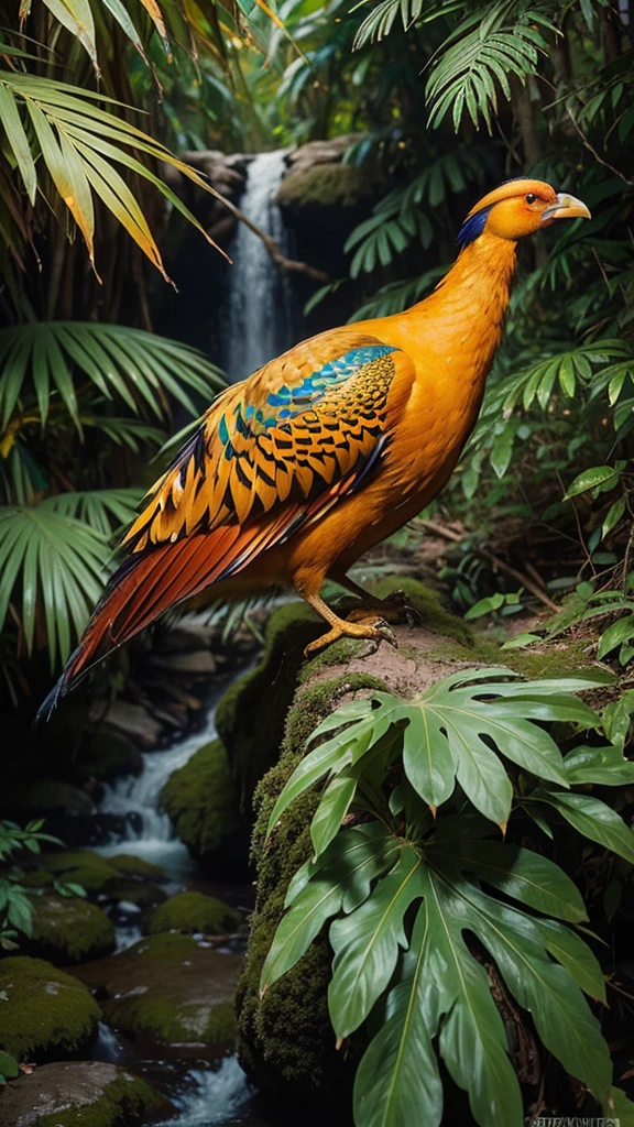 A majestic Golden Pheasant, adorned in vibrant plumage of orange, teal, and gold, poses regally against a backdrop of blurred foliage and a cascading waterfall. Its elaborate crest crowns its head, adding to the bird's air of exotic beauty and grace.