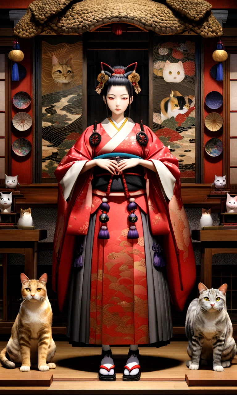 Full body portrait、Amazing CG、Ultra HD、Ultra-realistic painting、Surreal、3D、"A noble cat, dressed in samurai attire, born in a traditional Japanese house in 1534. The cat is in a cradle, surrounded by historical Japanese architecture and decorations."