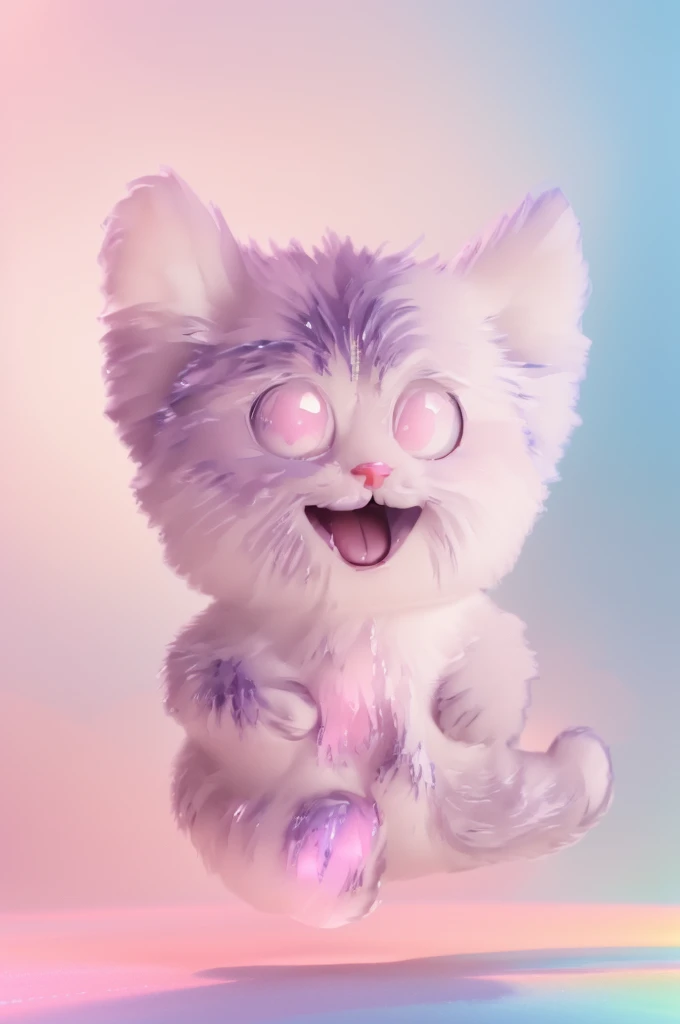 The image features a super fluffy cute pink cartoon cat with large expressive eyes and a cheerful smile, standing against a blue background, chubby cat, fluffy cat, pink cat, shiny pink cat, super fluffy 3d pink cat with bright gradient reflections, beeple and jeremiah ketner, adorable digital painting, 3 d icon for mobile game, 3 d littlest pet shop cat, cat cat dreamcats, cat from the void, normal map, cute detailed digital art, cats cat dreamcats, cat. digital painting, cute 3 d render, multiple light sources, rim light, sharp post effects render, (fluffy fur texture with multiple big light probe refractions), perfect cgi, cgi art, smooth silhouette, high intensity refraction, (mesh material), most beautiful vfx, blue background, mesh refractions. It in 4k resolution, allowing viewers to immerse themselves in the richness of the colors and intricate details. The realistic rendering. under the spotlight, reflecting, high-resolution image, realistic rendering, dark background, and rim light photorealistic, The background is black