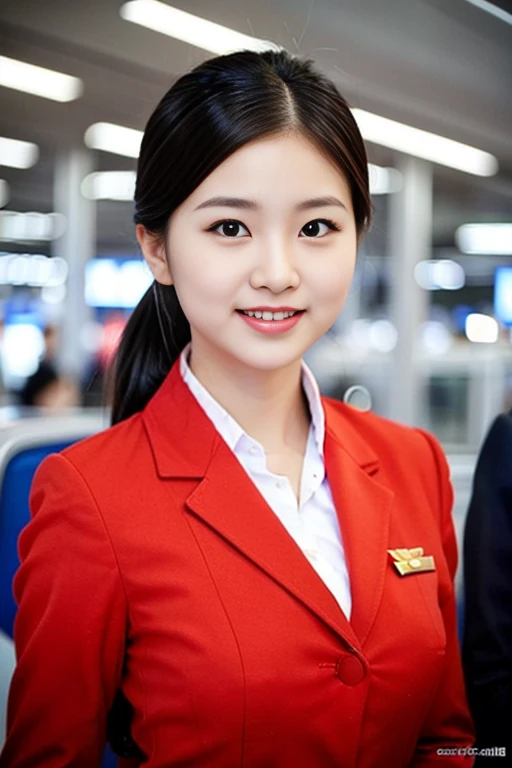 a gorgeous lady, age 22, Flight Attendant uniform, Shenzhen Airlines Stewardess，natural pose in airport, dimpled smile, short ponytail, cute snaggleteeth, ample round bosom, photorealistic, beautiful detailed eyes, hyper-realism, high contrast, ultra HD, realistic skin textures, top image quality, top-quality, super high resolution, fine details, very meticulously, bokeh background