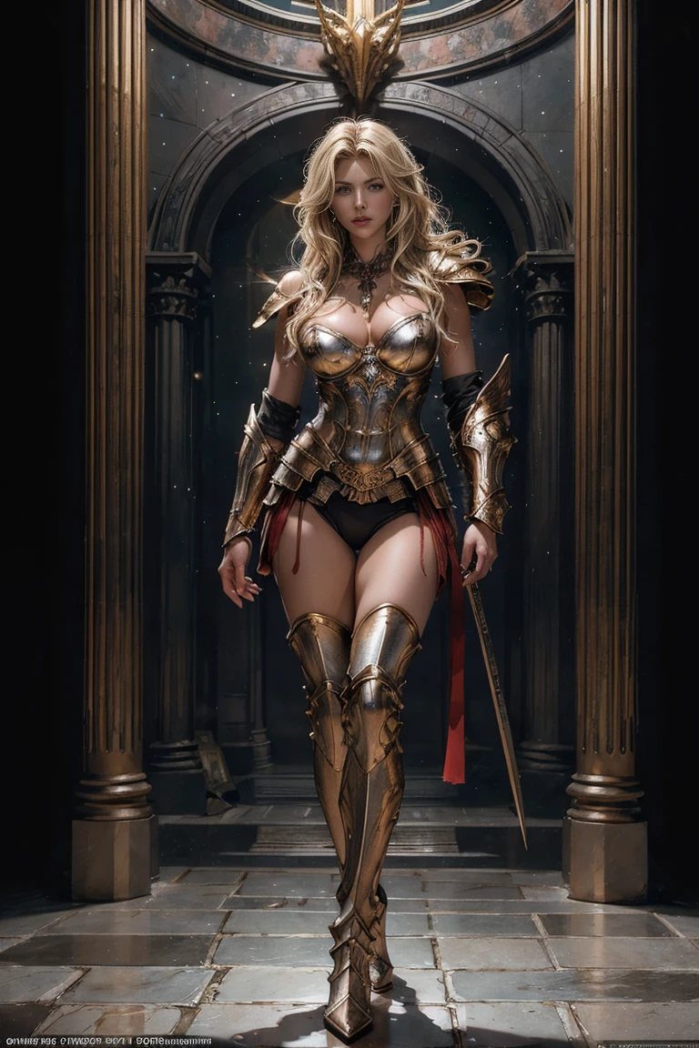 1girl, solo, female roman warrior with red helmet and cape, long thighs, metal armor on legs and thighs, long black hair, angry, extremely beautiful girl, subtle makeup, silver hour, photorealistic, high contrast, 8k HD, detailed, hyper-detailed, realistic skin texture, blonde hair, huge chest, neckline, best quality, ultra high res, raw photo, dramatic lighting, unreal engine, intricate diffuse glow and silver tab, black cape, battlefield, Standing