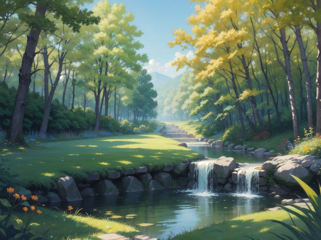 Painting a Summer Landscape - Capturing the Beauty and Serenity of a Sunny Day in the Countryside. The picture must be colorful and vivid., Warm colors and bold brushstrokes create lush landscapes., Gentle hills, And the blue sky. You can also include small streams, Some trees, Or by painting a farmhouse in the background.、It can add depth and interest to your drawings.。. To create a sense of balance and harmony、Pay attention to the position of the elements and the overall composition of the painting。. Use your imagination and creativity、Bring your scenes to life on your canvas, Try different techniques and styles、Achieve the effect you want。.