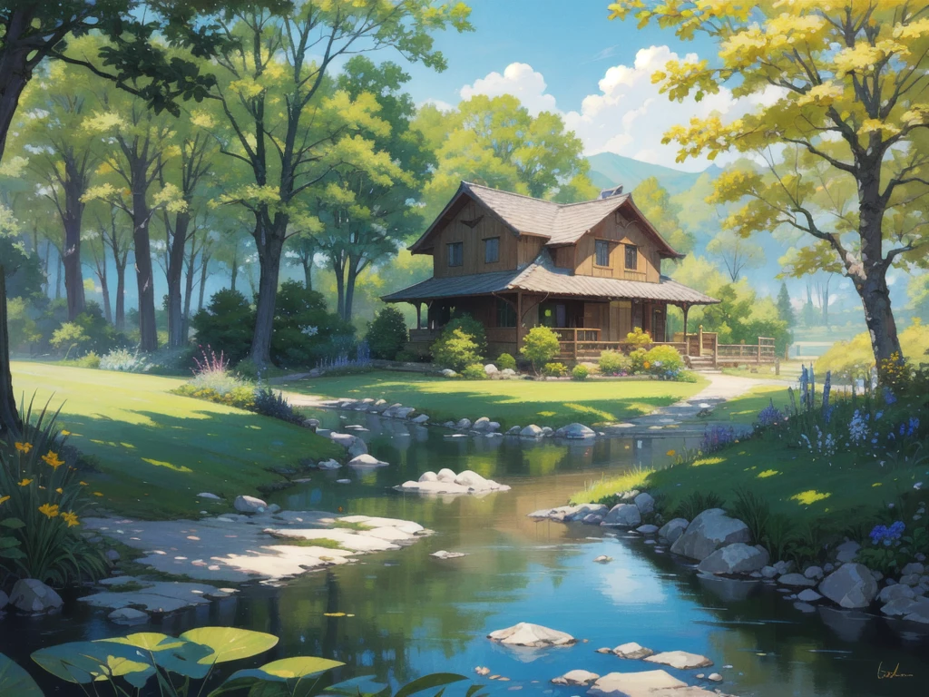Painting a Summer Landscape - Capturing the Beauty and Serenity of a Sunny Day in the Countryside. The picture must be colorful and vivid., Warm colors and bold brushstrokes create lush landscapes., Gentle hills, And the blue sky. You can also include small streams, Some trees, Or by painting a farmhouse in the background.、It can add depth and interest to your drawings.。. To create a sense of balance and harmony、Pay attention to the position of the elements and the overall composition of the painting。. Use your imagination and creativity、Bring your scenes to life on your canvas, Try different techniques and styles、Achieve the effect you want。.