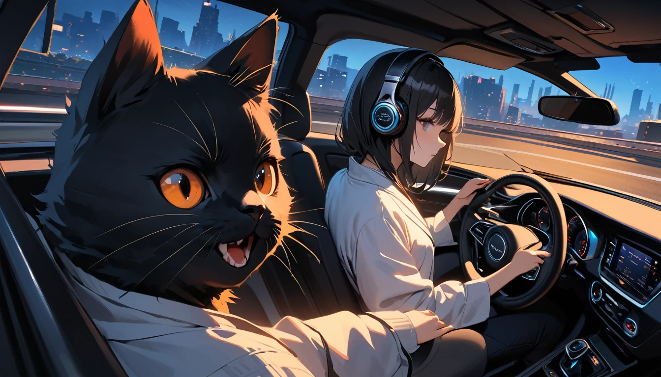 ((8k of extremely detailed CG unit, Masterpiece, high resolution, highest quality, highest quality real texture skin)), (((Driving a car by holding the steering wheel))), (((Highway at night))), (((Japanese style headphones))), (((from behind))), (((1 black cat))), ((1 girl)), (Surreal, digital painting)