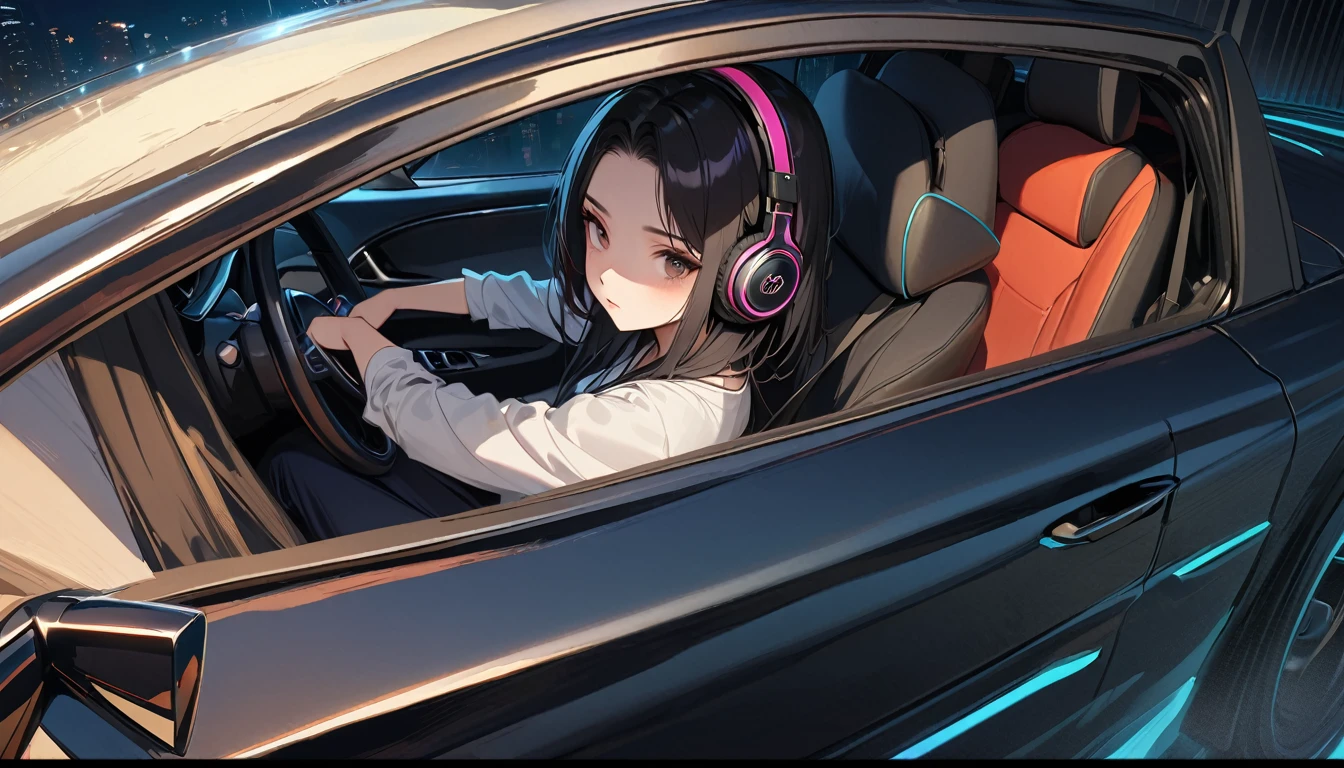 ((8k of extremely detailed CG unit, Masterpiece, high resolution, highest quality, highest quality real texture skin)), (((Driving a car by holding the steering wheel))), (((Highway at night))), (((Japanese style headphones))), (((from behind))), (((1 black cat))), ((1 girl)), (Surreal, digital painting)