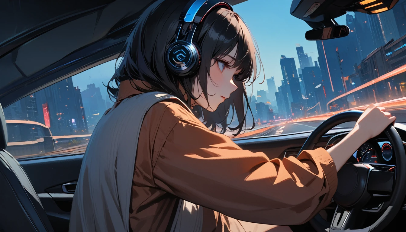 ((8k of extremely detailed CG unit, Masterpiece, high resolution, highest quality, highest quality real texture skin)), (((Driving a car by holding the steering wheel))), (((Highway at night))), (((Japanese style headphones))), (((from behind))), (((1 black cat))), ((1 girl)), (Surreal, digital painting)