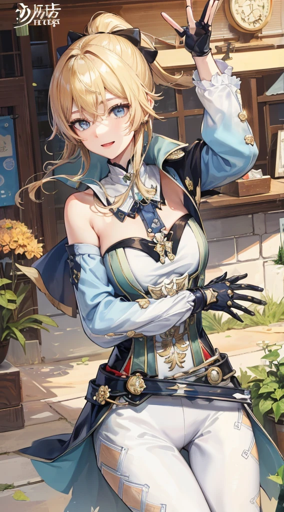 1girl, Jean genshin, Cute,Antique clothes,Ocean park,Poster publicity style,Pose,Simetall, Happy expression, blonde hair, high ponytail, blue eyes