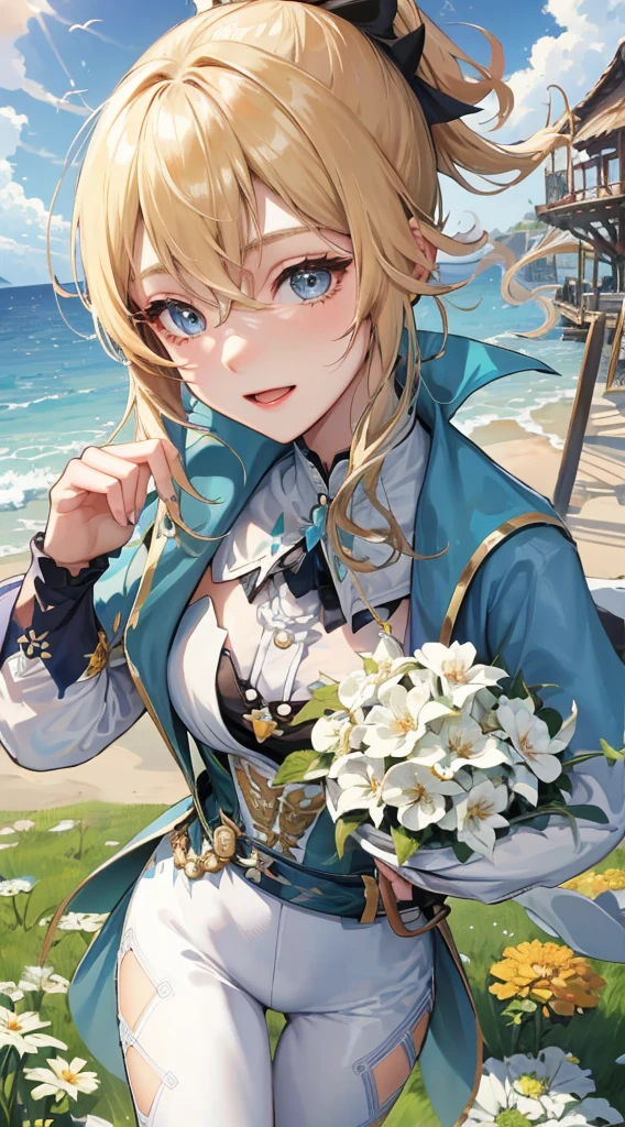 1girl, Jean genshin, Cute，Antique clothes，Ocean park，Poster publicity style，Pose，Simetall, Happy expression, blonde hair, high ponytail, blue eyes