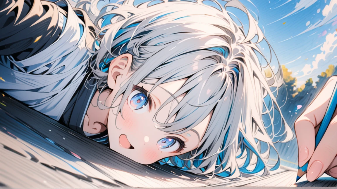 ((style:Colored pencil,pale colour)),(anime)、(masterpiece:1.2),blue sky、A big jump into the sky、girl、cute