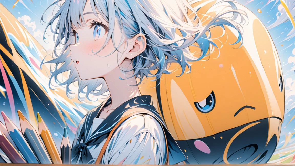 (masterpiece), (Highest quality), (超detailed), (Disheveled Hair), (shape), (One Girl), (Fashionable clothes), Are standing, Fashion Model, Beholder, (interview), (Simple Background), Beautiful beautiful eyes, Delicate and beautiful face, floating, (High saturation), (Colorful Splash), Colorful bubbles, (Shine), Focus on the face, ponytail, Light blue hair, bangs, Hair Ring, floating Flowers, floating Hairs, (The Shining), Best lighting, Best Shadow、(Highest quality、masterpiece、High resolution、detailed)、animeスタイル、Flat Style、(Shine目、detailed美しい顔), break,anime