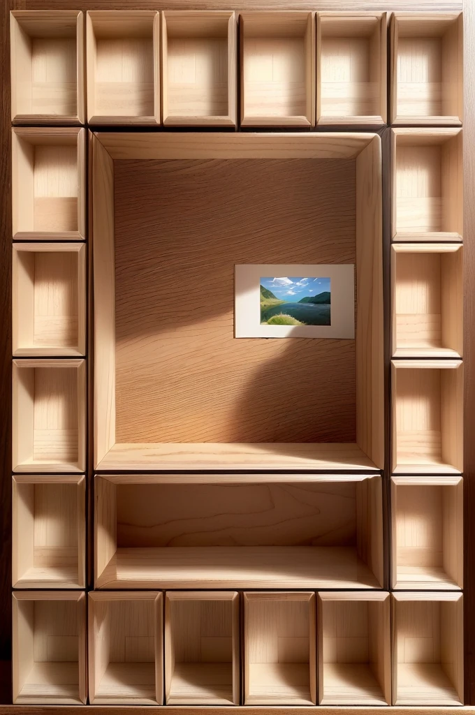 there is a picture of a shelf with a picture on it, in a wooden box. top down photo, inspired by Rachel Whiteread, inside a frame on a tiled wall, 3d flat layered paper shadow box, shelves, shelf, set photo, layout frame, computer generated, sectioned, inspired by Donald Judd, inside its box