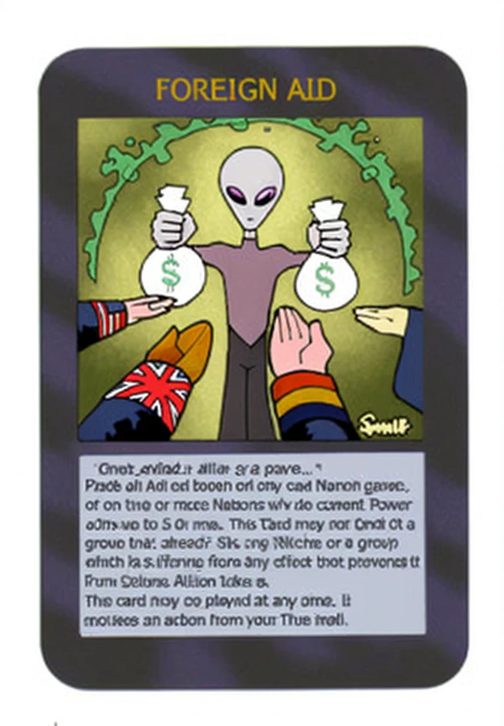 A closeup of a card with a cartoon of a person holding money, card game illustration, as a tarot card, jogo de cartas, full card design, card art, Tarot card, Magic Card, Alien invasion, Grey alien, the front of a trading card, Jogo de cartas, Ovnis, collectible card art, Extraterrestres, alien trump, Grey aliens, trading card fond