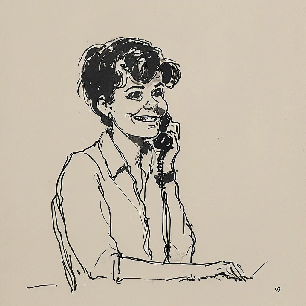 a black and white drawing of a close-up of a 1960 happy agender person who replies to the office phone
