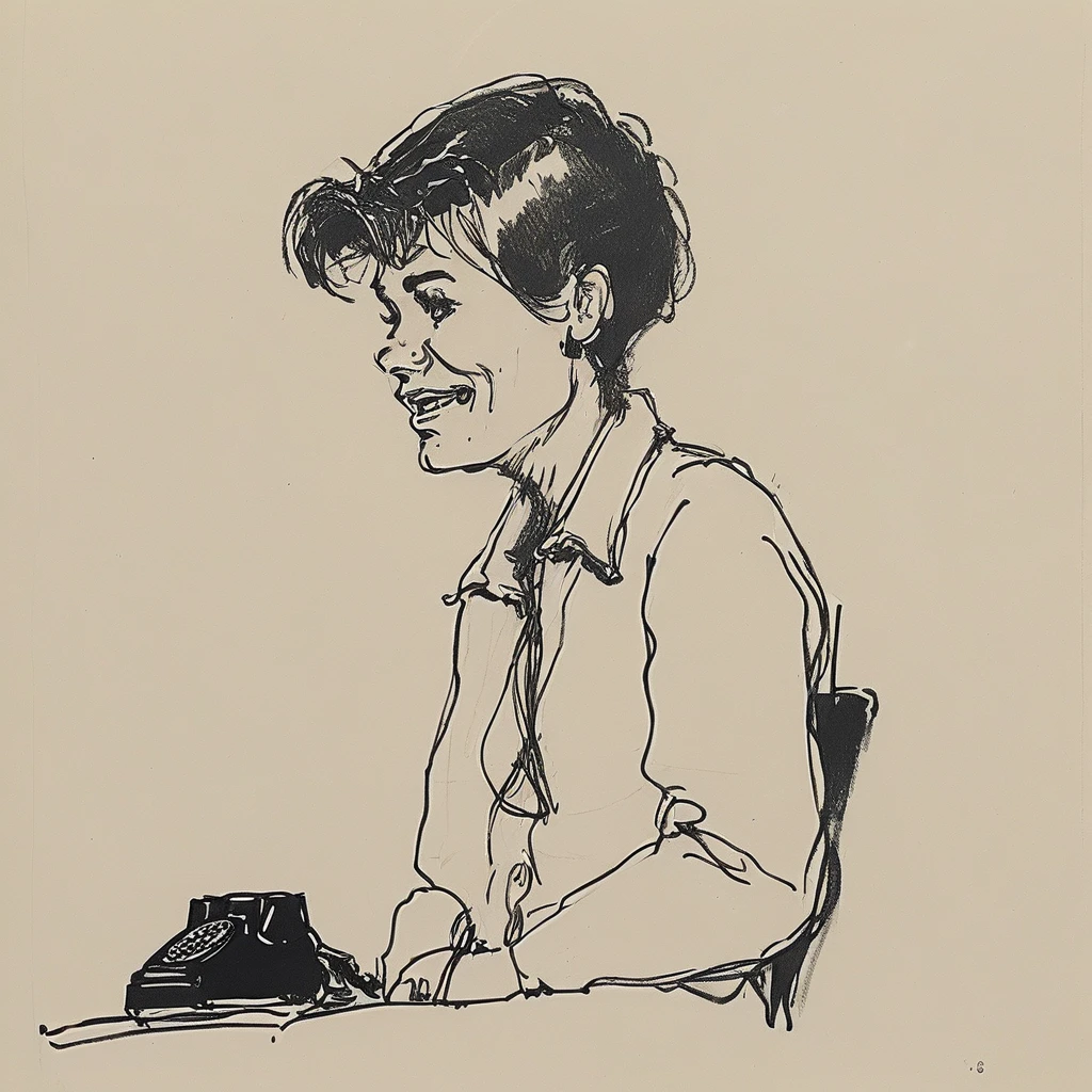 a black and white drawing of a close-up of a 1960 happy agender person who replies to the office phone