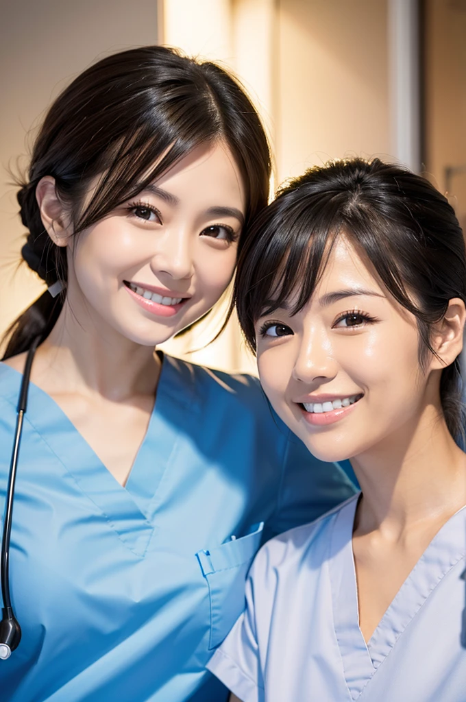 Dental hygienist, only two women　Side by side, smiling, wearing brown medical scrubs　White, short sleeves, cute, Japanese, black hair, female, early 20s　Upper body close-up　high resolution　Highest quality　　Don't press your face too much　Shortcuts