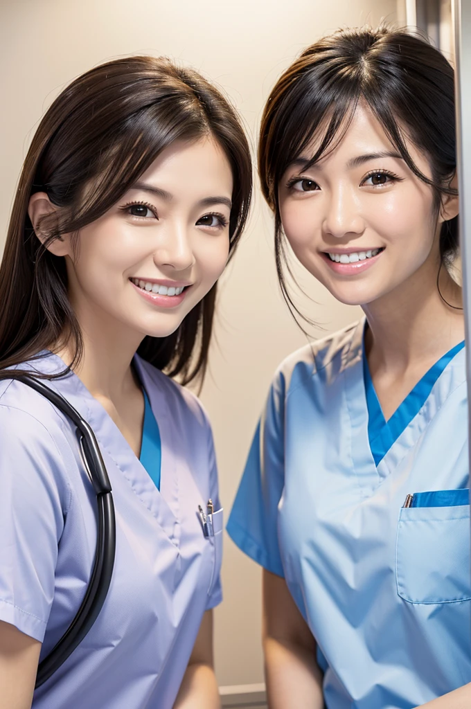 Dental hygienist, only two women Side by side, smiling, wearing brown medical scrubs White, short sleeves, cute, Japanese, black hair, female, early 20s Upper body close-up high resolution Highest quality Don't press your face too much Shortcuts