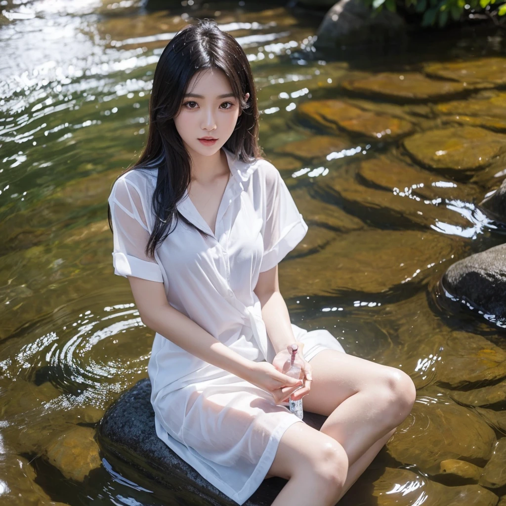 Created as a beautiful Asian girl wearing a wet, thin white shirt, sitting 8n in the middle of a clear river. While holding a bottle of Jack Daniel's whiskey in her hand. The girl looked very wet.