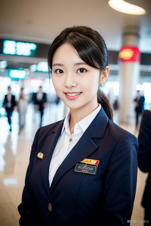 a gorgeous lady, age 22, Flight Attendant uniform, Shenzhen Airlines Stewardess,natural pose in airport, dimpled smile, short ponytail, cute snaggleteeth, ample round bosom, photorealistic, beautiful detailed eyes, hyper-realism, high contrast, ultra HD, realistic skin textures, top image quality, top-quality, super high resolution, fine details, very meticulously, head to waist, bokeh background