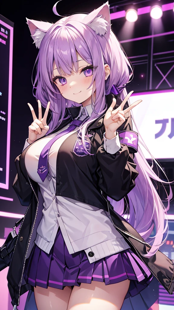 Purple Hair Cat ear Purple Eyes high school girl Completely naked Mine system smile One-handed peace sign Embarrassed face Brat Super big breasts mini skirt