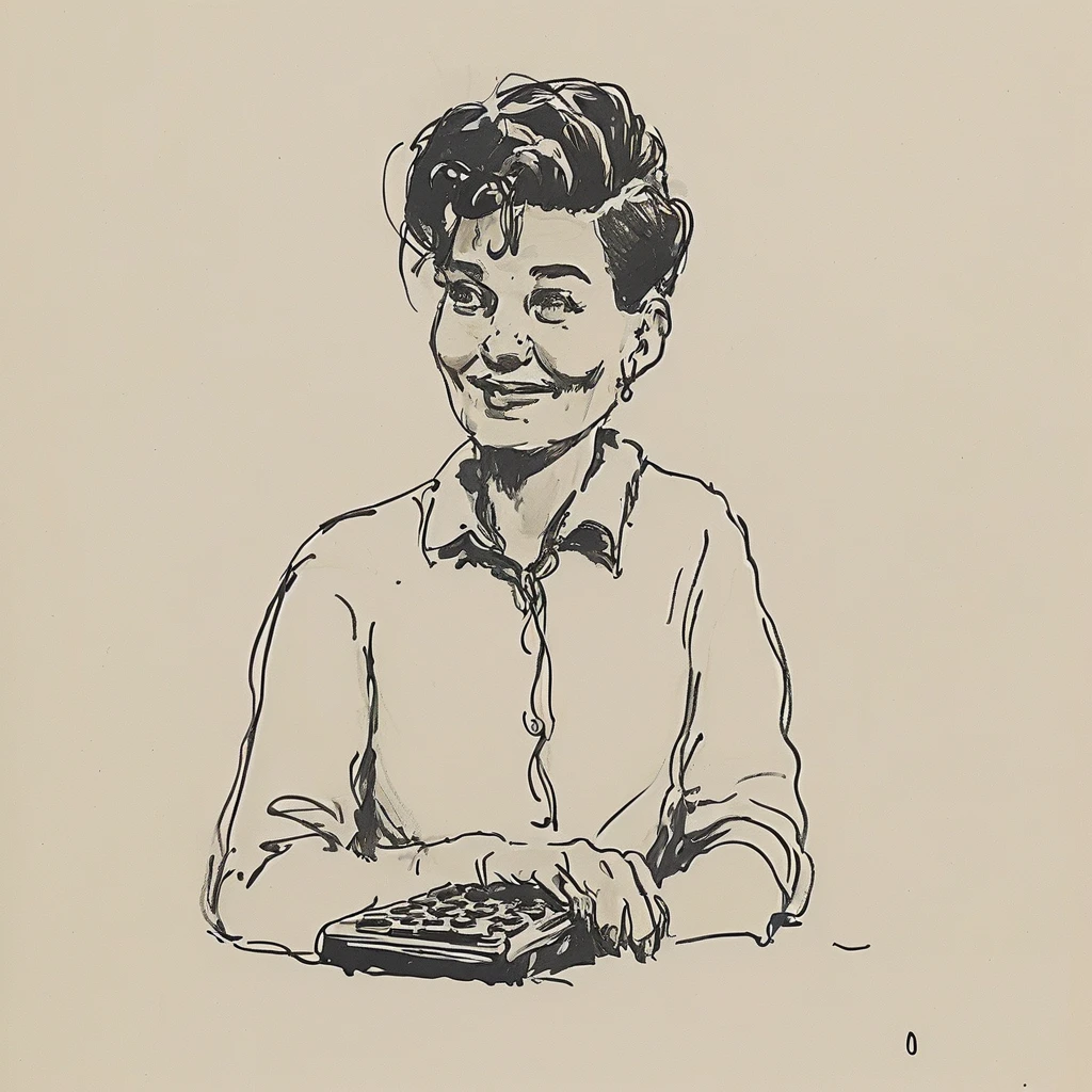 a black and white drawing of a close-up of a 1960 happy no-binary person who replies to the office phone
