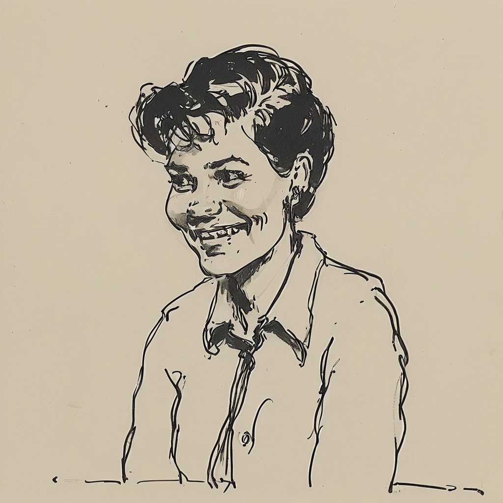 a black and white drawing of a close-up of a 1960 happy no-binary person who replies to the office phone