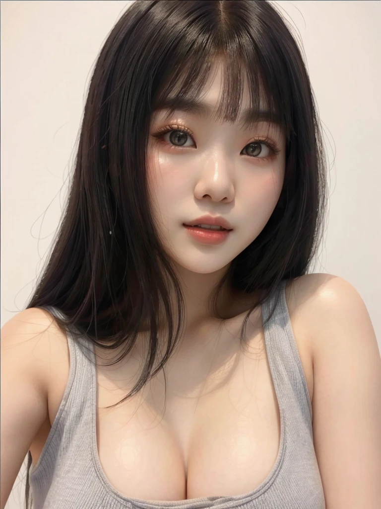 Arafed Asian woman wearing a gray tank top and a white background., Jaeyeon Nam, muchacha coreana, hermosa mujer surcoreana, Hermosa joven coreana, heonhwa choe, shikami, Hermosa joven coreana, beautiful asian girl, pale korean adorable face, chiho, wenfei ye, Yoshitomo Nara