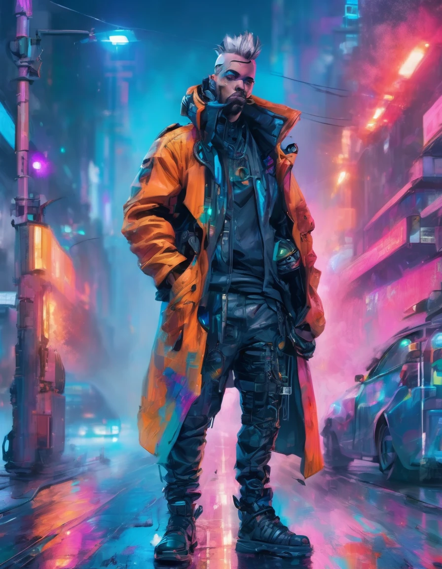 a detailed cypunk badass man , leaning against the wall pose on a futuristic street beside a traffic light , ((holding a smoke)) with a vibrant color , high clarification , refined quality , high definition , super fine detailed ,clear details in 32k resolution
