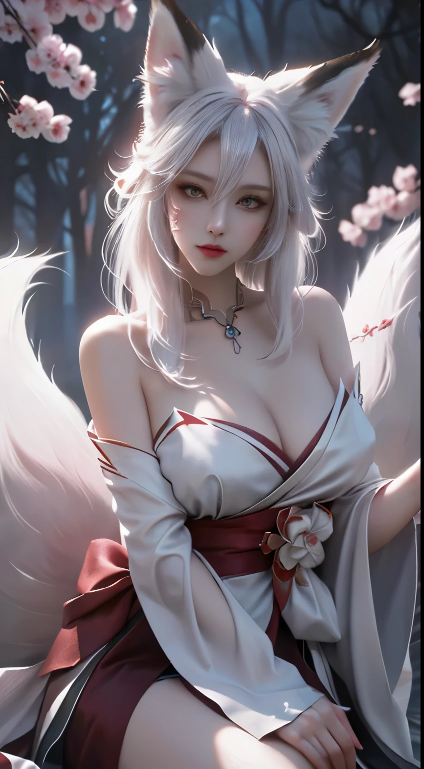Fox ears white hair girl,full bodyesbian,Painting of a fox with white hair sitting on a branch,ethereal fox,nine tail fox,Fox three-tailed fox,Onmyoji detailed art,Nine tails,A beautiful artwork illustration,mythological creatures,red fox,Combat posture,Beautiful digital artwork,Exquisite digital illustration,mizutsune , Inspired by the mythical creature wildnet,Digital art on Pixiv,strong lights,hight contrast,Horror movie theme,Dark atmosphere