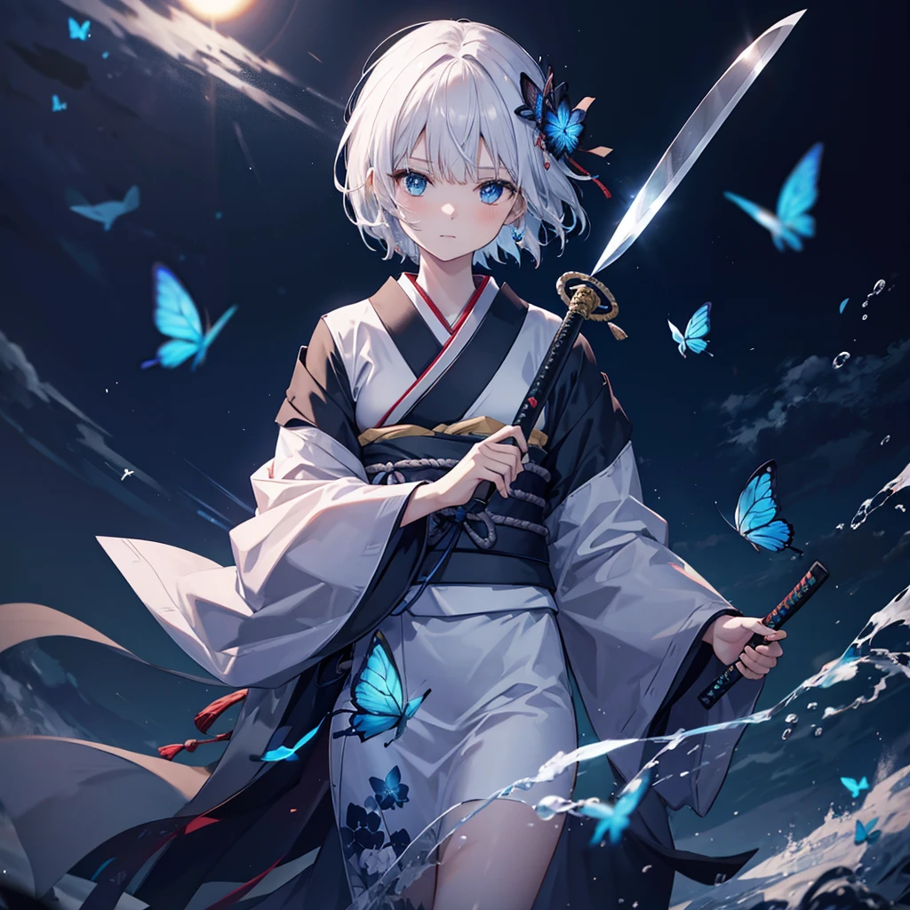 (((1 person))) ((High resolution Gray Hair short hair Black kimono Shoulder knifeを構える)) ((Black Band samurai Lonely despair blue eyes)) ((Blue Butterfly night Japanese style old Shining Aura garden water surface Catch the wind)) (dance 日本knife knife Slashing) moonlight star Draw your sword Shining Background Shining Edge